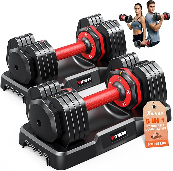 XDDIAS Adjustable Dumbbell Set of 2, 25/55/80LB Dumbbell Set-1Sec Adjustable Weights-5/10 in 1 Free Weights Dumbbells Set with Effortless Tray/No-Slip Handle-Compact Size for Women/Men at Home Gym-StrideForce Fitness