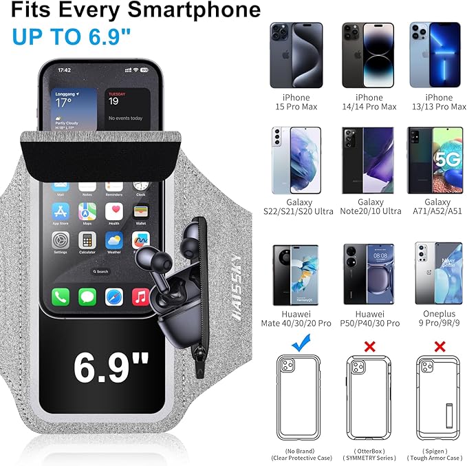 Cell Phone Running Armband with Earbuds Zipper Pocket Armband Case Running Holder For iPhone 16 Pro Max/15/14 Pro Max/13/12 /11 Pro Max/XS/XR ,Galaxy S20 S10,Sweatproof Arm Band with Card/Key Bag-StrideForce Fitness