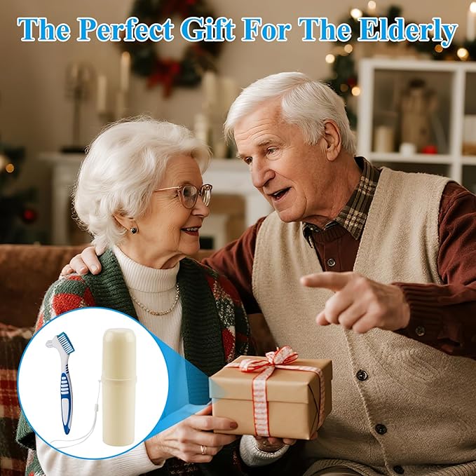 Denture Cleaning Brush Set,Unique Anti-Mold Perforated Breathable Cover Denture Brush with Case, Multi-Layered Soft Bristles Ergonomic Rubber Handle for Denture Toothbrush (1)