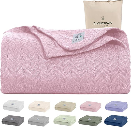 Cloud Scape Linen 100% Cotton Queen Size Blanket, Herringbone Pattern, Lightweight Summer Blanket,Best Gifts for Women, fits Full Size Bed, 92 x 92, Seashell Pink-StrideForce Fitness