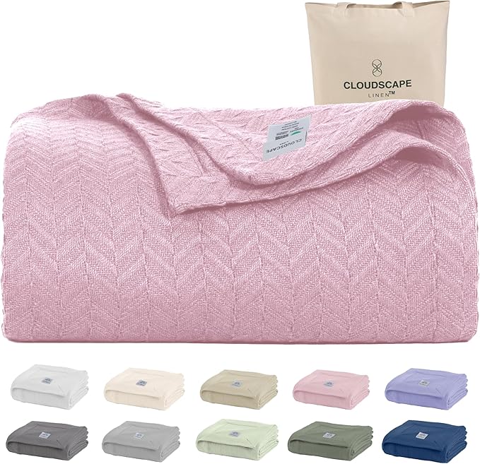 Cloud Scape Linen Herringbone Cotton Throw Blanket for Couch, Bed,Sofa, Home Decor, Soft, Lightweight, All-Season Bed Blanket, 50 x 70, Seashell Pink-StrideForce Fitness