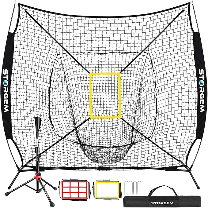 Storgem Baseball and Softball Practice Net 7×7ft Portable Hitting Pitching Batting Training Net Baseball Backstop Net with Batting Tee and Strike Zone and Bow Frame-StrideForce Fitness