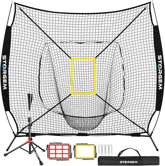 Storgem Baseball and Softball Practice Net 7×7ft Portable Hitting Pitching Batting Training Net Baseball Backstop Net with Batting Tee and Strike Zone and Bow Frame-StrideForce Fitness