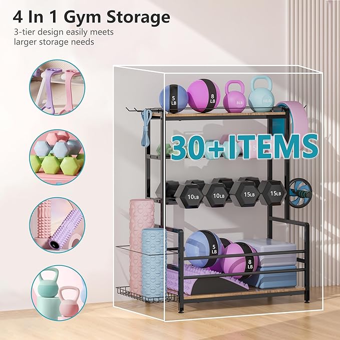 Gym Home Equipment Weight Rack – 3‑Tier Workout Storage Stand for Dumbbells & Kettlebells, Medicine Ball Holder, 460 lb Steel Organizer with Yoga Mat Basket, Hooks, Adjustable Feet, 24 x 16 in-StrideForce Fitness