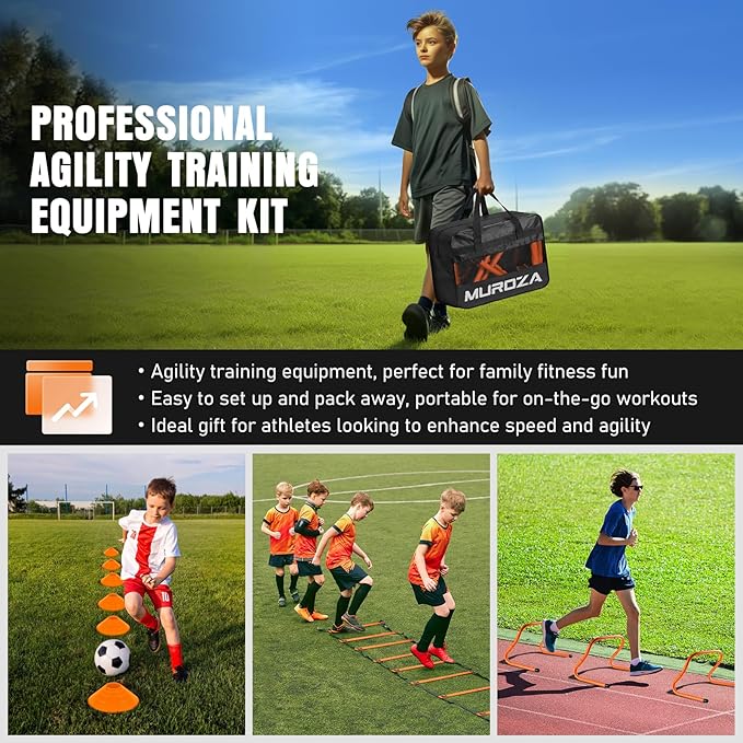 Agility Ladder, Speed Training Equipment Set, 20ft Agility Ladder, 12 Soccer Cones, 4 Hurdles, Jump Rope, Running Parachute, Basketball Football Soccer Training Equipment for Kids, Youth, Adults-StrideForce Fitness