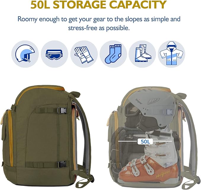 Unigear Ski Boot Backpack, 50L Travel Pack for Helmet, Goggles, Gloves, Skis, Snowboard & Accessories (Olive Green)-StrideForce Fitness