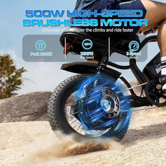 Electric Bike, 16'' Fat Tire eBike for Teens/Adults, 500W E-Bike with 36V/12.8Ah Removable Battery, 22MPH 45 Mile Range Commuting Electric Mountain Bike with Dual Dual Brakes-StrideForce Fitness