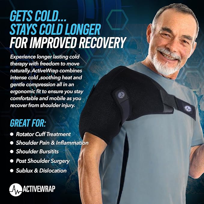 ActiveWrap Shoulder Ice Pack Wrap, With 2 Reusable Heat & Ice Packs for Shoulder Pain Relief, Rotator Cuff Cold Therapy, Adjustable Compression Straps, Post-surgery Must-have, Small/Medium-StrideForce Fitness
