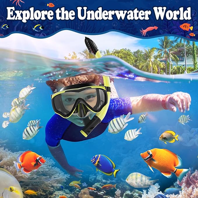 U PHITNIS Kids Snorkel Set for Age 4-14 - Dry Top Snorkeling Gear for Kids Junior & Youth - Childs Diving Mask with Big Eyes for Boys Girls - Anti-Fog Snorkeling Mask and Snorkel Set-StrideForce Fitness