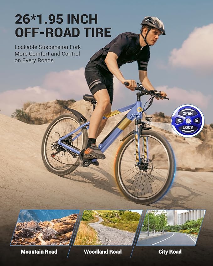 Electric Bike for Adults,26" E-Bike with 700W Peak Motor 21-Speed,Up to 50 Miles Removable Battery,Front Fork Suspension Dual Disc Brakes,Ebikes for Adults Commute Mountain All Terrain-StrideForce Fitness