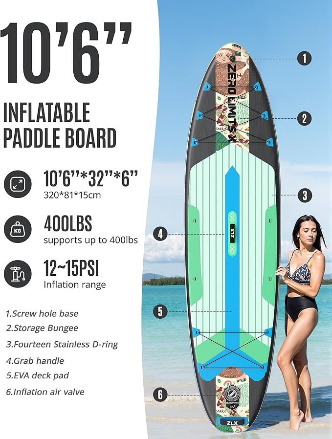 ZLX Inflatable Stand Up Paddle Board, 10'6" SUP Non-Slip Stable Deck Pad, Unique Center Fin, Premium Accessories, Portable Paddleboard for Adults, Beginners, All Skill Levels-StrideForce Fitness
