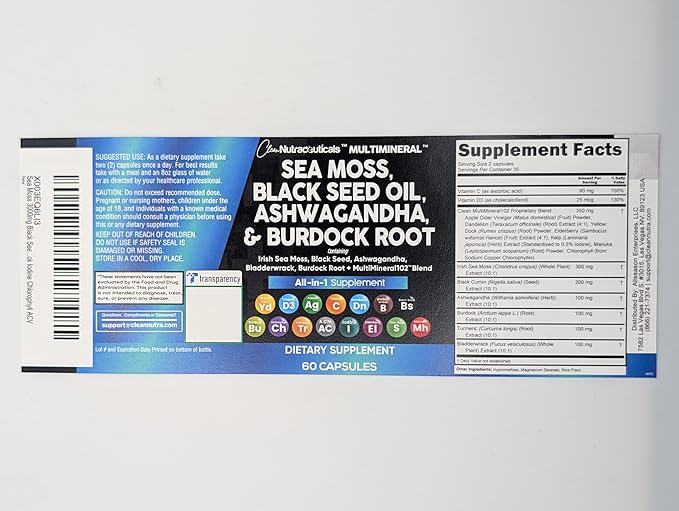 Clean Nutraceuticals Sea Moss Black Seed Oil Ashwagandha Turmeric Bladderwrack Burdock & Vitamin C Vitamin D3 with Elderberry Manuka Dandelion Yellow Dock Iodine Chlorophyll ACV-StrideForce Fitness