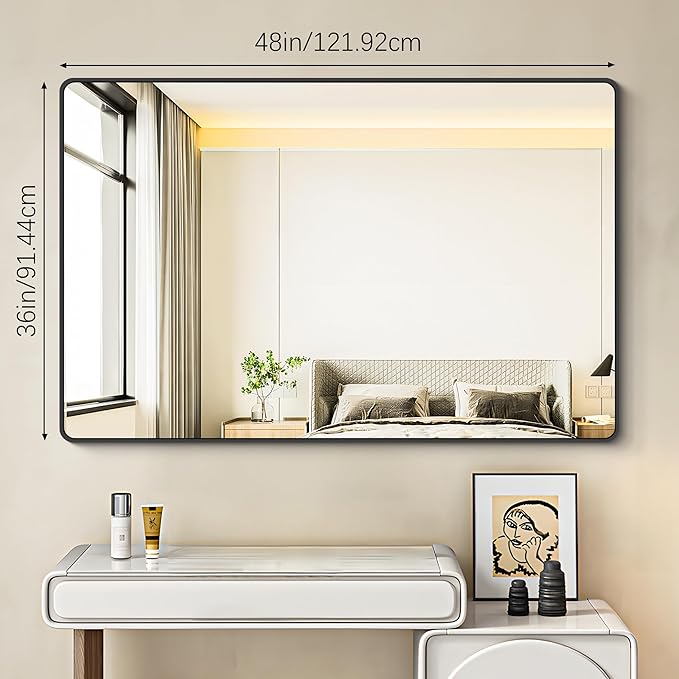 36x48 inch Bathroom Mirror,Black Rectangle Mirror,Wall Mounted Bathroom Frame Vanity Mirror with Round Corner for Bedroom Living Room, Entryway Hangs Horizontal or Vertical-StrideForce Fitness
