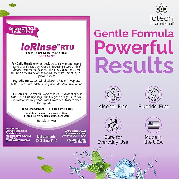 ioRinse Ready-to-Use (RTU) Mouthwash for Fresher Breath, Halitosis Relief, Alcohol-Free, Fluoride-Free and a Professional Clean, Original ioRinse RTU Mouth Wash, Zero Alcohol - Soft Mint Flavor, 1L