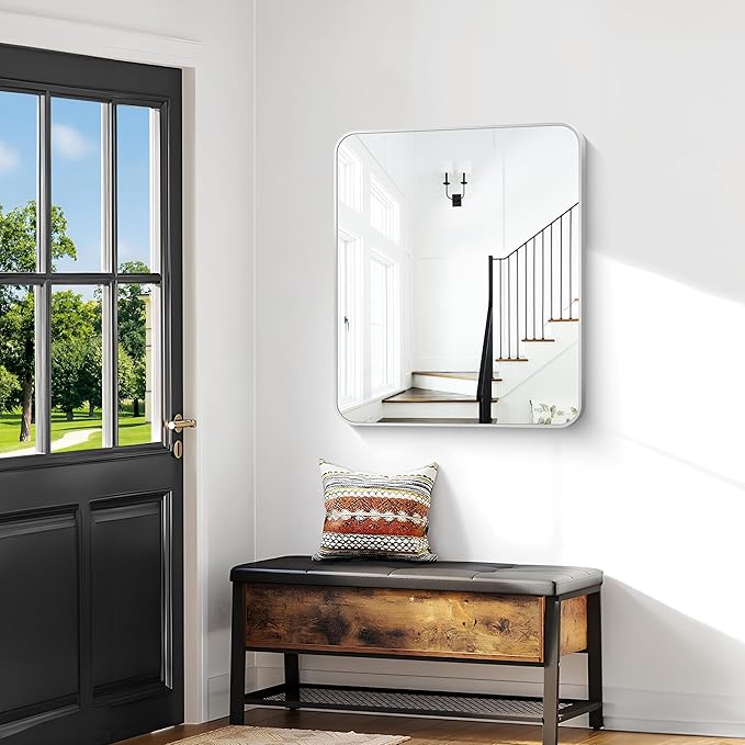 Silver Bathroom Mirror,30x36 inch Wall Mirror for Bathroom Wall Mounted,Rectangle Mirror for Bathroom Over Sink,Modern Frame Round Corner for Living Room,Bedroom Entryway,Horizontal/Vertical-StrideForce Fitness