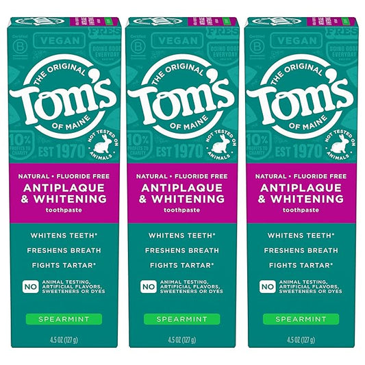 Tom’s of Maine Antiplaque and Whitening Fluoride Free Toothpaste, Spearmint 3-Pack