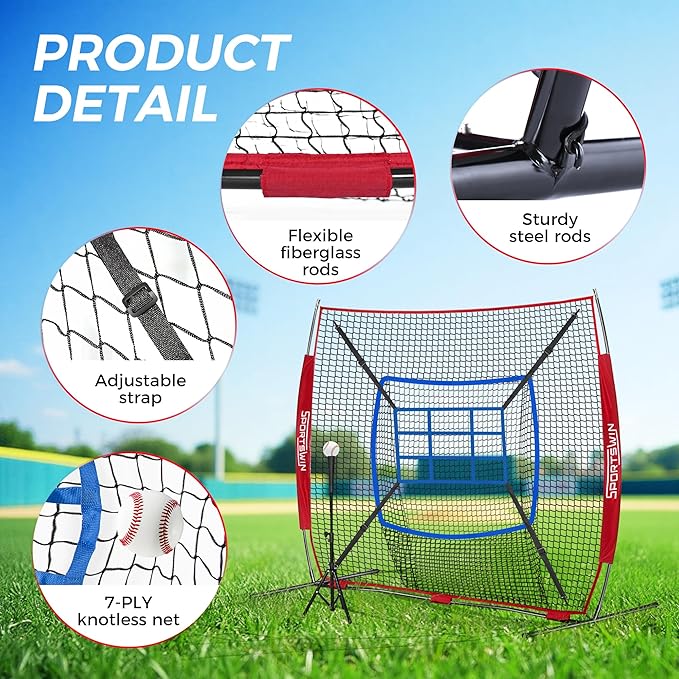 7x7 FT Baseball Net for Batting Pitching Hitting, with Strike Zone, Softball Net for Batting and Pitching, Baseball Practice Training Equipment for Kids Adult Youth-StrideForce Fitness