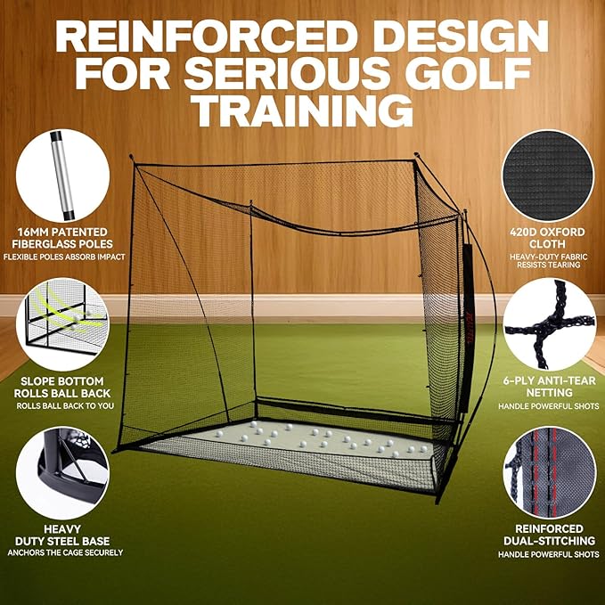 Golf Simulator Cage with Side Barriers&Impact Screen – 10x8 FT Golf Net with Dual-Layer HD Simulator Screen for High-Speed Shots, Practice Net with Ball Return for Indoor Outdoor Backyard-StrideForce Fitness