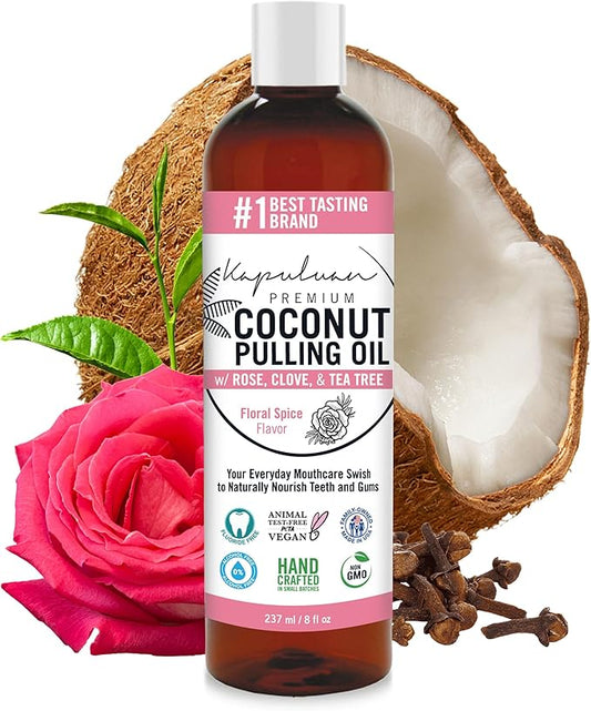 Kapuluan Coconut Oil Pulling for Teeth and Gums Mouthwash, 100% Pure and Natural, Non-GMO, Ayurvedic – Refreshing Rose Clove Essential Oils