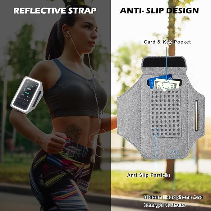 GUZACK Running Armband Case for iPhone 16/15/14/13/12/11 Pro Max, Galaxy S25/S24/S23/S22, Universal Cell Phone Arm Holder with Key Pocket & Card Slot, Gray-StrideForce Fitness