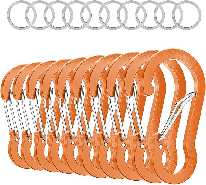 sprookber 3.2 Inch Aluminum Carabiner Clips D Ring, Caribeaner Spring Snap Hook with Keychain for Camping, Hiking, Gym & Outdoor Gear, Set of 10-StrideForce Fitness