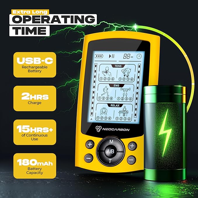 TENS Unit Muscle Stimulator, Electronic PMS Pulse Massager Machine for Shock Physical Therapy, Back Pain Relief, Shoulder Recovery, Yellow-StrideForce Fitness