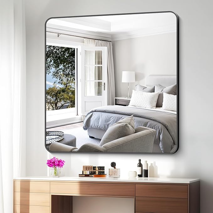 48x48 inch Bathroom Mirror,Black Rectangle Mirror,Wall Mounted Bathroom Frame Vanity Mirror with Round Corner for Bedroom Living Room,Entryway Hangs Horizontal or Vertical-StrideForce Fitness