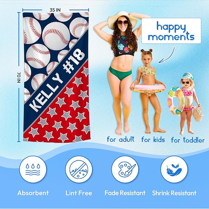 Personalized Beach Towel With Name, Custom Beach Towel with Text, Customized Microfiber Pool Towel, Quick Dry & Absorbent Swim Towel for Adult,Anniversary, Birthday, Summer Holiday,Vacation,Baseball-StrideForce Fitness