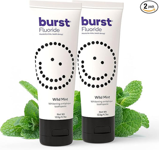BURST Whitening Toothpaste with Cavity Fighting and Stain Removal Fluoride (4.7oz/2 Pack) | for Sensitive Teeth | with Xylitol | Vegan, Gluten & SLS Free | Wild Mint