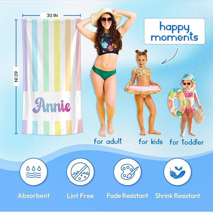 JML Personalized Beach Towel with Name, Custom Rainbow Cabana Stripe Beach Towel, Customized Microfiber Pool Towel, Quick Dry & Absorbent Swim Towel for Adult,Anniversary, Birthday, Summer Holiday-StrideForce Fitness