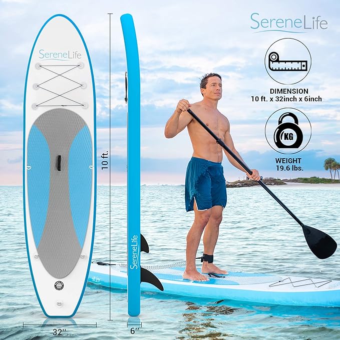 SereneLife Inflatable Stand Up Paddle Board with Premium SUP Accessories – Wide Stable Design with Non-Slip EVA Deck Pad for Adults and Youth of All Skill Levels-StrideForce Fitness