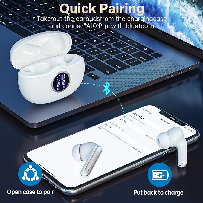 A10 Pro Wireless Earbuds, Bluetooth 5.3 Headphones HiFi Stereo 50H Playback LED Digital Display Ear Buds with ENC Noise Canceling Headset, IPX7 Waterproof Earphones for Gym/Running/Work-StrideForce Fitness