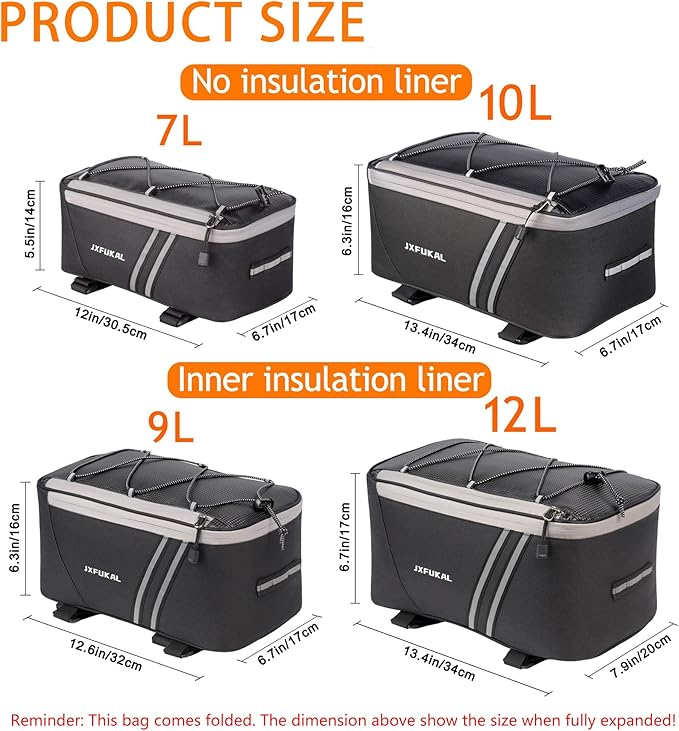 JXFUKAL Rear Bike Rack Bag with Rain Cover, 7L/9L/10L/12L Waterproof Bicycle Ebike Saddle Bag Cycling Pannier Trunk Carrier with Reflector & Adjustable Cord for Commuter Travel Outdoor-StrideForce Fitness