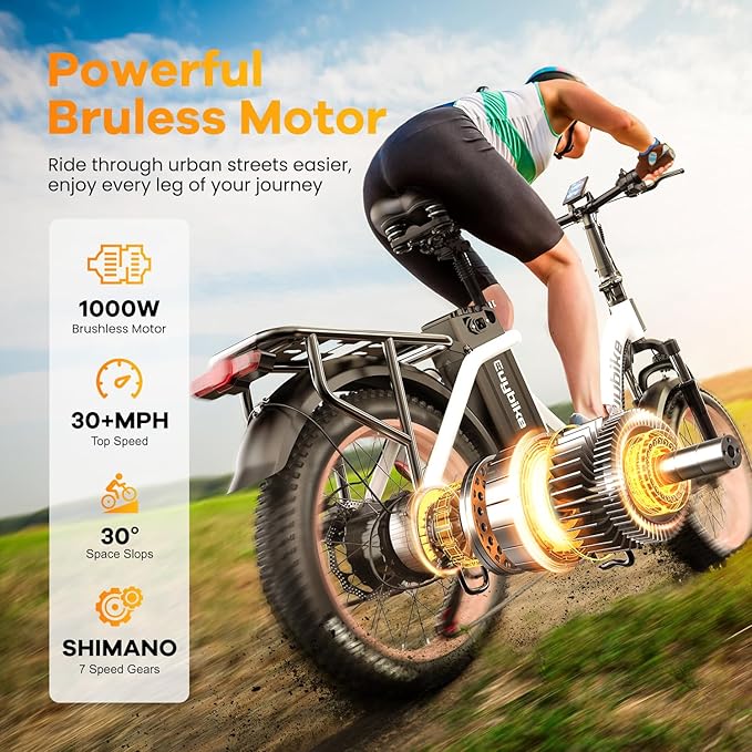 Folding Electric Bike for Adults with Peak 1000W Motor, 48V 20AH Battery up to 30MPH 80 Miles, 20" Fat Tire All Terrain Ebike, Front Suspension 7-Speed Commuter E Bike, Step-Thru, UL Certified-StrideForce Fitness