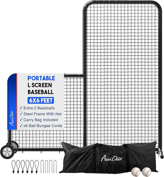 Yes4All Portable L-Screen Baseball 7x7ft with 2 Baseballs, Rubber Wheels - L Screen Baseball for Batting Cage, Protective Pitching Screen Net Double Layers, Carry Bag Included-StrideForce Fitness