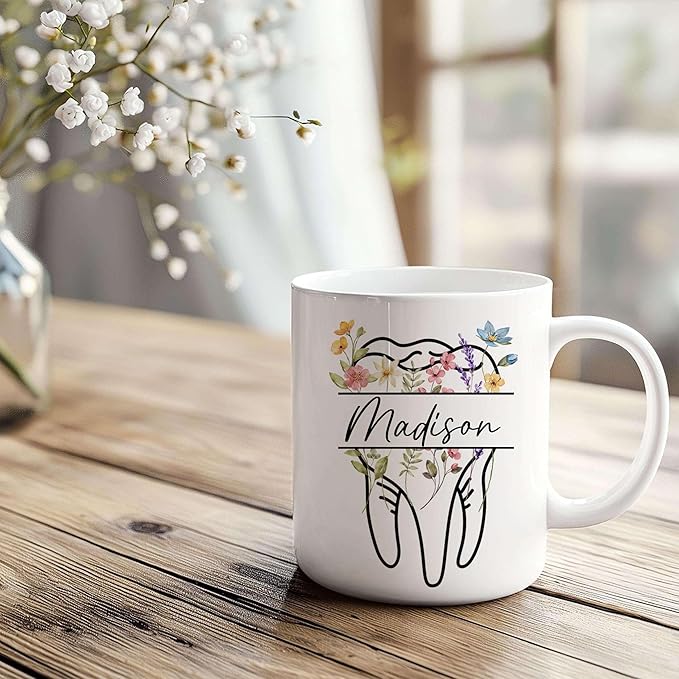 Personalized Floral Dentist Dental Hygiene Mug - Dental Assistant Mug - Dental Nurse Orthodontics Graduation Gift - Dentist Custom Name 11Oz 15Oz (DENTAL-M2)