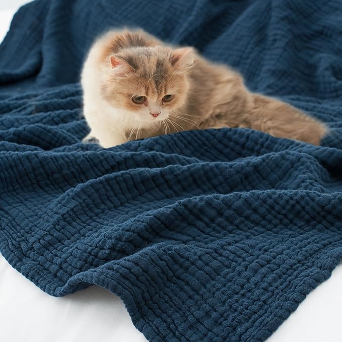 Carriediosa 100% Cotton Muslin Throw Blanket 90" X 90" Queen Size，4-Layers Summer Gauze Throws for Bed Couch，Soft Lightweight Breathable Linen Blankets Bedspread for Adults All Season，Navy Blue-StrideForce Fitness