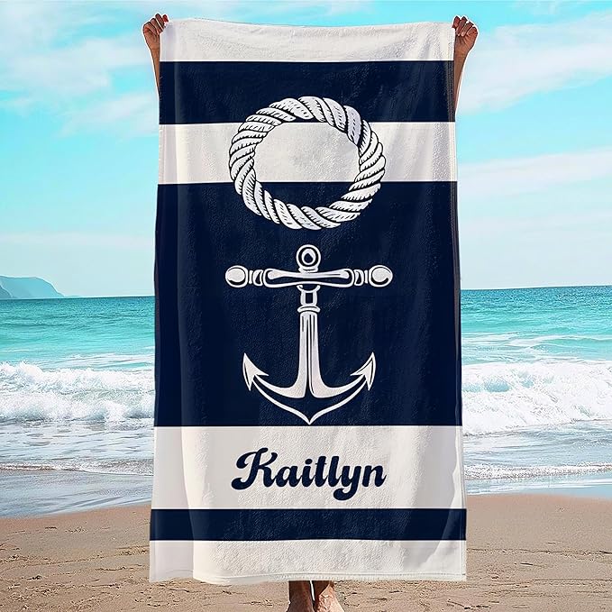 JML Personalized Beach Towel with Name, Custom Anchor Beach Towel, Customized Microfiber Pool Towel, Quick Dry & Absorbent Swim Towel for Adult,Mother's Day, Birthday, Summer Holiday,Vacation-StrideForce Fitness