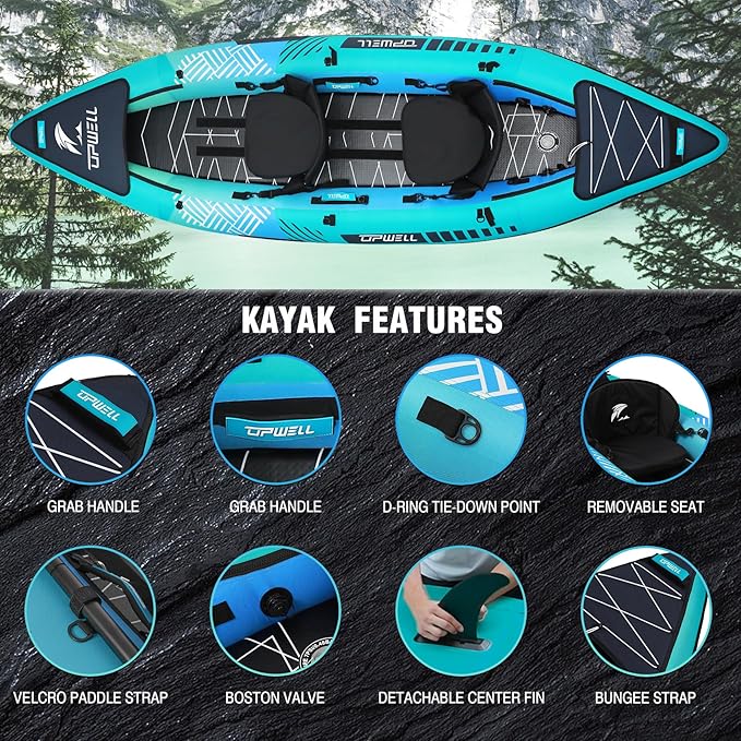 UPWELL 11'/14'6”Inflatable Kayak with Drop Stitch Floor and Accessories Including Kayak Seat with Thickened Cushion, Paddle, Fin, Repair Kits, Carry Bag and Hand Pump-StrideForce Fitness