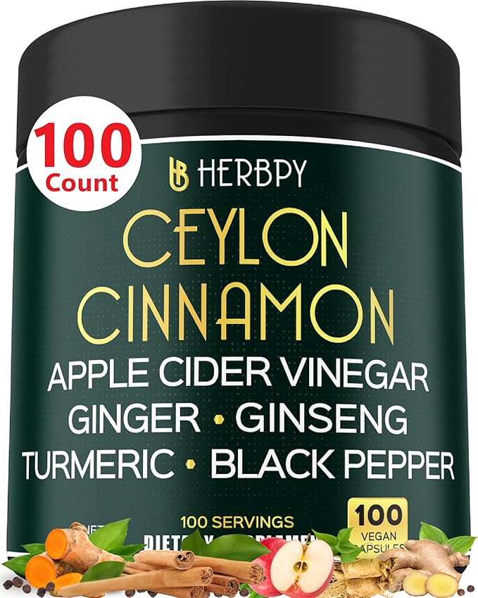 6in1 Premium Ceylon Cinnamon Supplement Plus Apple Cider Vinegar, Turmeric, Ginger, Ginseng - Weight Management, Digestion - 100 Vegan Capsules-StrideForce Fitness
