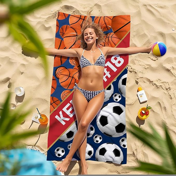 Personalized Beach Towel With Name, Custom Beach Towel with Text, Customized Basketball Football Microfiber Pool Towel, Quick Dry & Absorbent Swim Towel for Adult,Anniversary, Birthday, Summer Holiday-StrideForce Fitness