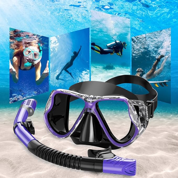 Greatever Dry Snorkel Set,Panoramic Wide View,Anti-Fog Scuba Diving Mask,Professional Snorkeling Gear-StrideForce Fitness