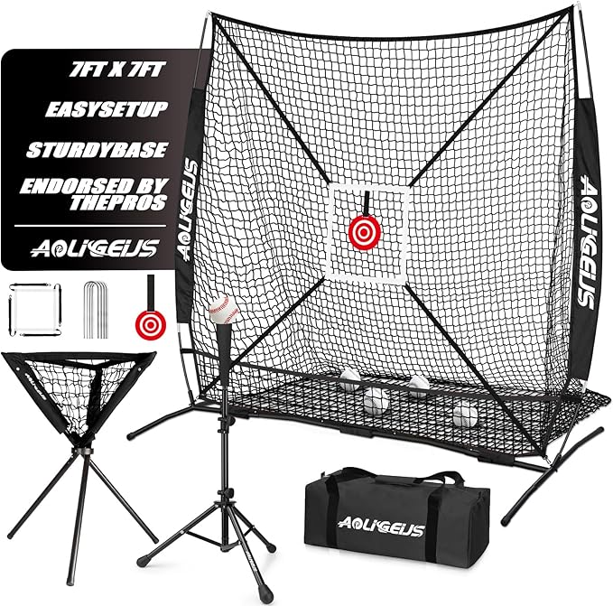 6'X6' Baseball Softball Practice Net with Batting Tee and Ball Caddy, Bonus Strike Zone Target and Bow Frame, for Hitting, Pitching, Catching-StrideForce Fitness