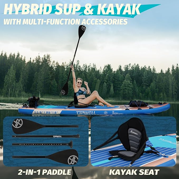 UPWELL 10'6"/11'/11'6" Inflatable Paddle Board, Stand Up Paddlboard for Youth & Adults, Stable Design, Premium SUP Accessories, Backpack, Leash, Hand Pump, Fins-StrideForce Fitness