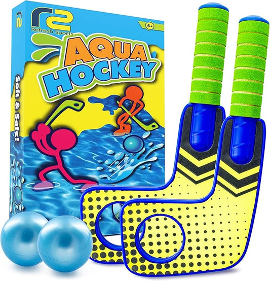 Fun Mini Hockey Sticks Game - Play at the Pool & Beach or in Home - For Kids & Adults All Ages - Use The Floating Soft Paddles to Shoot the Water Skipping Balls - Comes With 2 Sticks & 2 Balls-StrideForce Fitness