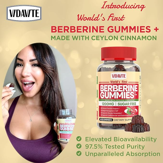 Berberine with Ceylon Cinnamon Gummies — Sugar-free, 98% Pure & 10x Absorption — 1200mg HCL Organic Berberine Supplement for Weight Management, Immunity, Metabolic & Digestive Health(30 Days)-StrideForce Fitness