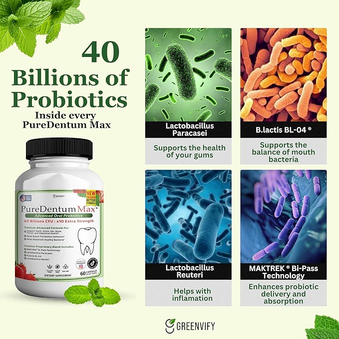 PureDentum for Gums and Teeth Health & Fresh Breath - 40 Billion CFU Advanced Oral Probiotics for Mouth Bad Breath, Capsule Supplement (10)