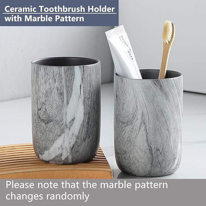Marble Grey Toothbrush Holders for Bathrooms - 2 Cups Ceramic Toothbrush Toothpaste Holders, Grey Bathroom Tumbler Cups Reusable Toothbrush Mouthwash Cups, Bathroom Counter Organizer.
