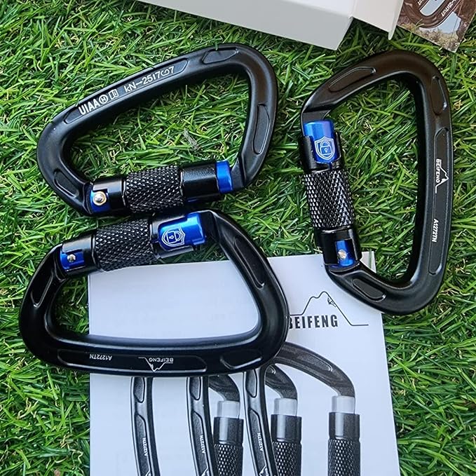 BEIFENG 25KN Auto Locking Carabiner - UIAA Certified Heavy Duty Climbing Carabiners for Rock Climbing, Camping, Rappelling, Hunting, Rescue Equipment - Professional Carabiner Clips (Black)-StrideForce Fitness