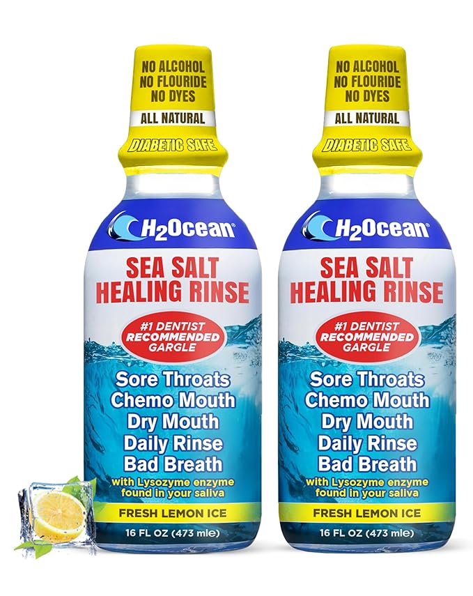 H2Ocean Healing Rinse Natural Sea Salt Oral Care - Mouth Rinse for Oral Care - Great for Piercings, Sore Throats & Gum Health - Alcohol- & Fluoride-Free Mouthwash - Lemon Ice, 16 oz (Pack of 2)